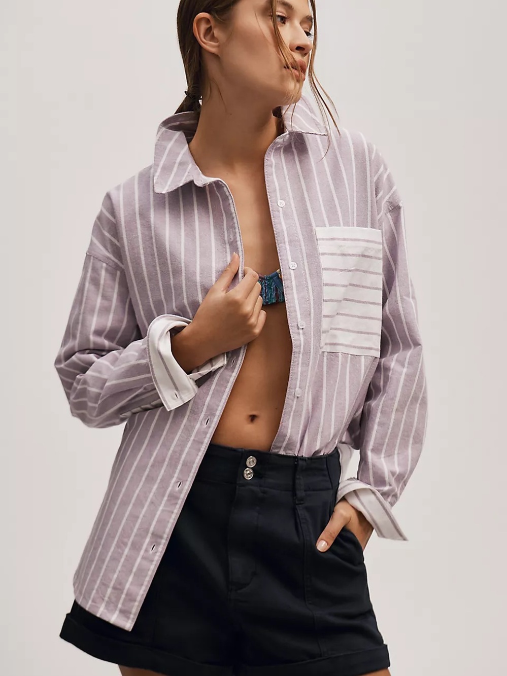 Anthropologie Maeve Long-Sleeve Oxford Mixed Stripe Buttondown Shirt oversized